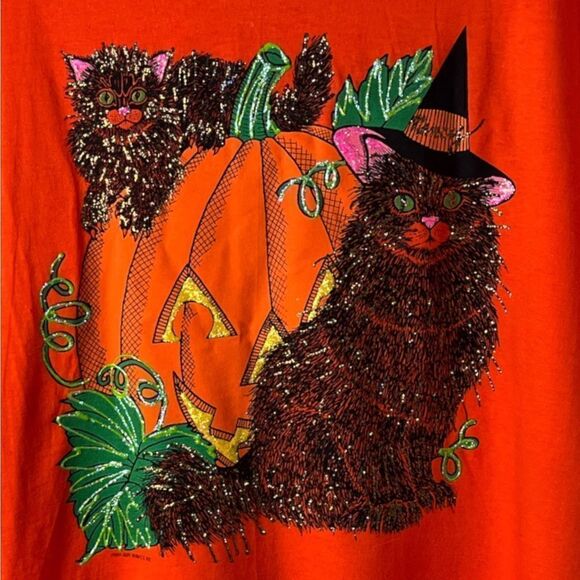 Stunning Halloween S/S Top w/Fringe Trim Embellished w/Glittery Cats Size XL - Picture 3 of 3